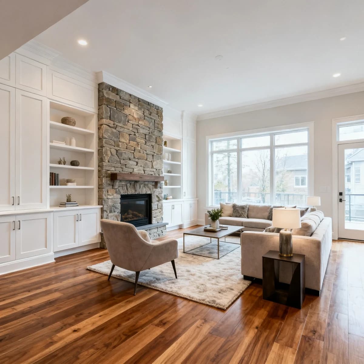 The same living room with new hardwood flooring, built-ins and stone fireplace finished