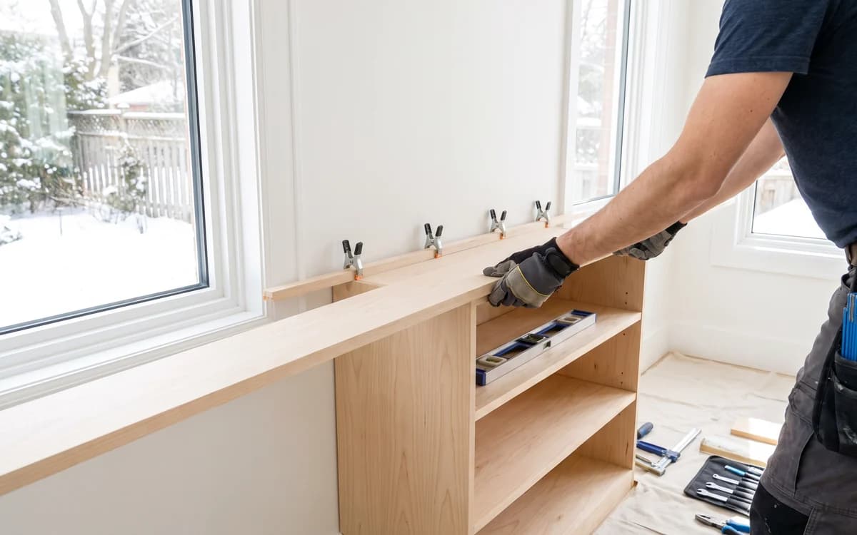 Carpenter installing custom built-in oak shelving beside a window