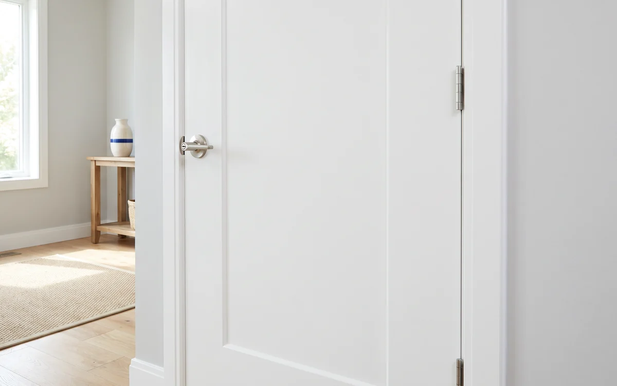 Freshly hung white interior door with new trim and hardware