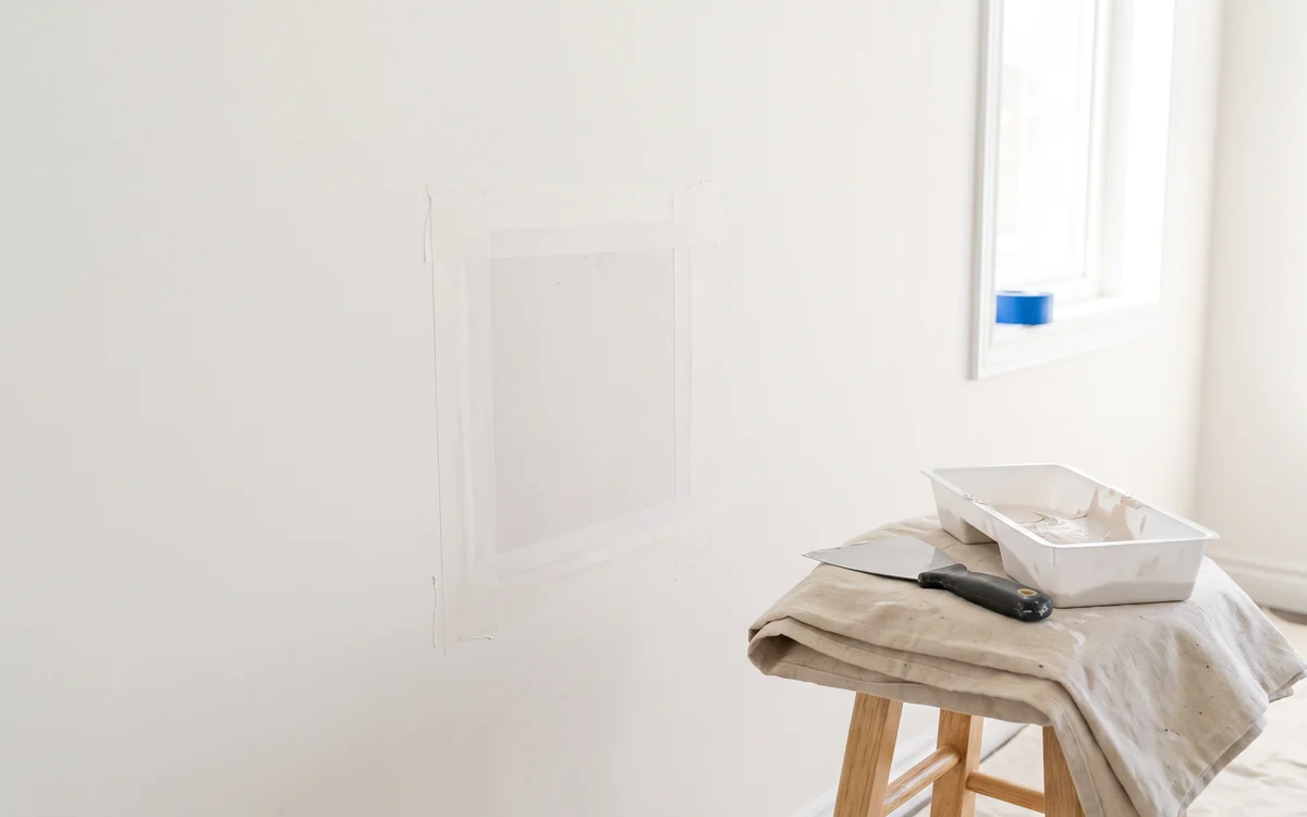 Patched and skim-coated drywall section with a tray and roller ready for paint