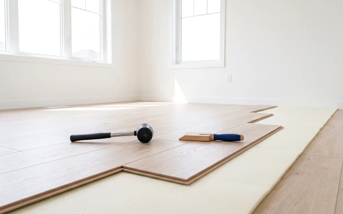 Laminate plank flooring being laid with a tapping block and mallet