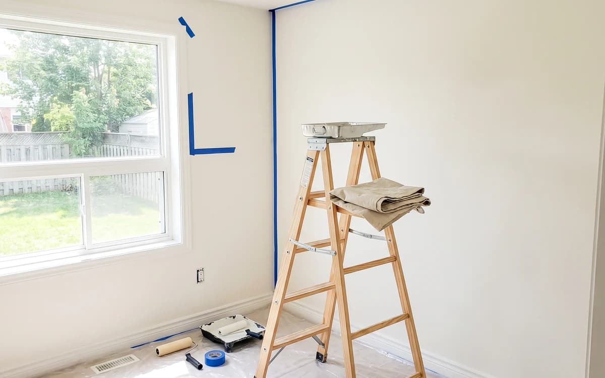 Room prepped for renovation with ladder, painter's tape and tools